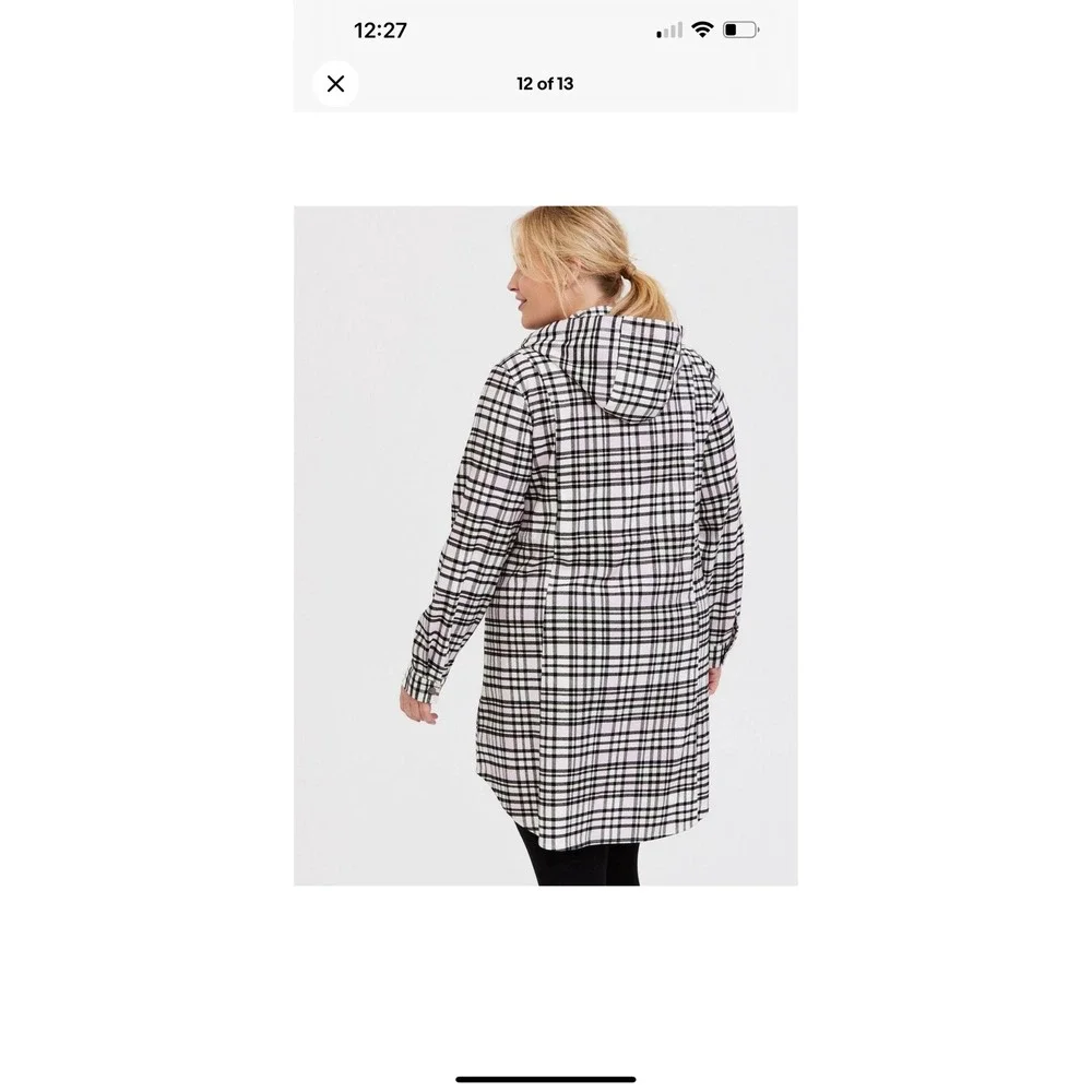 Torrid Plaid‎ Hooded Shirt Jacket White Pink Black Snap Front Plus Size